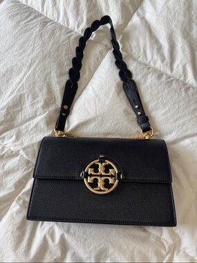 Tory Burch Black Leather Shoulder Bag with Gold Logo Medallion